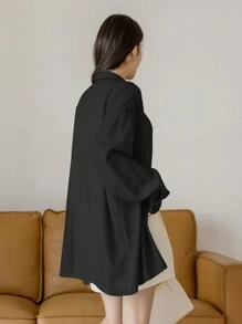 DAZY Áo sơ mi công sở cổ polo màu trơn, quần áo mùa thu, áo sơ mi dài tay kiểu dáng học sinh - màu đen - Xem 2