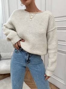 EURMUSE Woman Crew Neck Knit Oversize Fit Comfy Warm Sweater With Soft Yarn - Beige - View 4