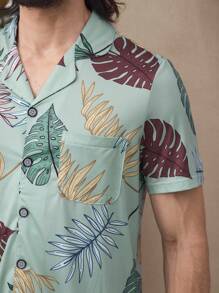 Men's Leaf Print Single-Breasted Short Sleeve Top And Pants Loungewear Set - Green - View 7