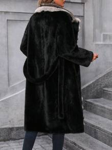 Chiquease Women's Autumn Winter Fashion Color Block Faux Fur Jacket Thermal - Black - View 2