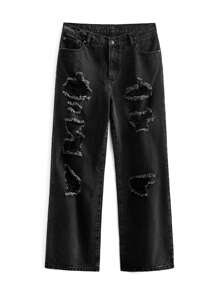 NEON BLANC Men's Distressed Straight Leg Denim Jeans, Woven And Washed - Black - View 9