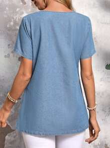 SHEIN LUNE Blusa vaquera suelta, cómoda, de manga corta y cuello redondo para mujer