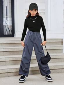 SHEIN 2pcs Tween Girls' Sports Casual Solid Color Mock Neck Sweatshirt And Elastic Waist Pants Outfit - Grey - View 5
