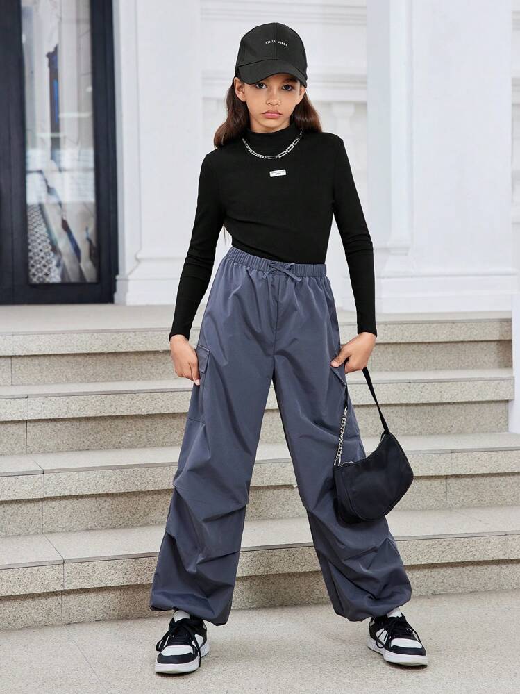 SHEIN 2pcs Tween Girls' Sports Casual Solid Color Mock Neck Sweatshirt And Elastic Waist Pants Outfit - Grey - View 5