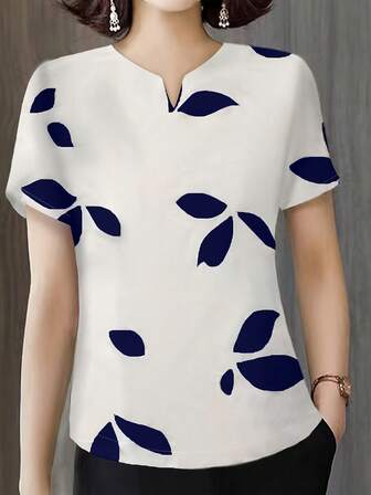 Women's Fashionable Leaf Print Summer Blouse,Short Sleeve Tops