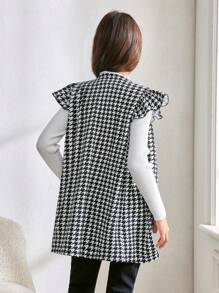 Tween Girls' Casual Houndstooth Print Puff Sleeve Round Neck Mid-Length Jacket