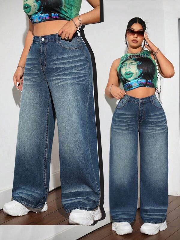 SHEIN ICON Blue Plus Size Women Jeans Street Sexy Casual Loose Wide Leg Pants Vintage Wash Elastic Waistband Baggy Jeans Back To School