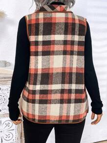 Plus Size Women Plaid Print Asymmetric Hem Pockets Sleeveless Coat, Fall Clothes
