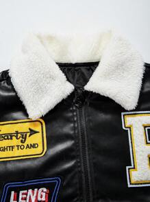 SHEIN Tween 女童复古飞行夹克，配有 Speed Icon 补丁、PU 皮革和蓬松衣领 - 彩色 - 查看 7