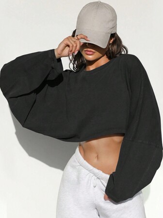 Übergroße Sweatshirts für Damen, Rundhalsausschnitt, Langarmshirts, einfarbig, kurze Pullover, Blusen, modische Streetwear, Sport-T-Shirts