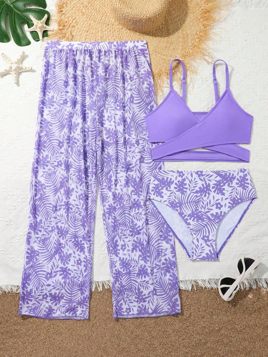SHEIN Tween Girl 3pcs Bikini Set: Camisole Top, Wide Leg Pants And Allover Print Briefs Underwear Summer Beach, Bathing Suit - Purple - View 1