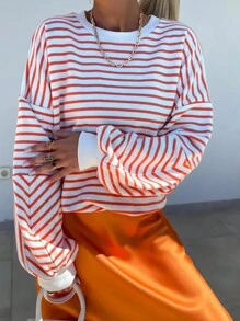 INAWLY Plus maat casual sweatshirt met contrasterende strepen en verlaagde schouders, lente herfst