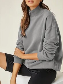 Cottnline Mock Neck Drop Shoulder Pullover - Grey - View 4