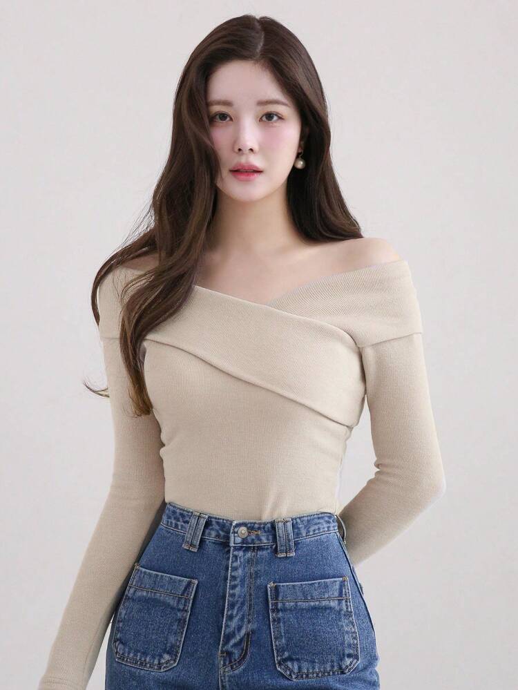 Women Round Neck Off Shoulder Elegant Casual T-Shirt, Apricot Color, Spring/Summer/Autumn Long Sleeve Women Tops