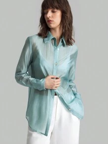 Ontre 2025新款女士纯色长袖宽松休闲衬衫，优雅日常通勤时尚，蓝色商务休闲度假沙滩生日派对装，女教师制服，商务休闲女办公室装