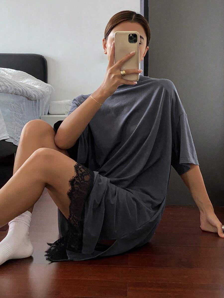 Livesso Lace Patchwork Loose Nightgown Pajama, Moo Moo Sleep Dress - Dark Grey - View 1