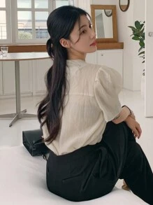 DAZY Women's Solid Color Puff Sleeve Cute Peter Pan Collar T-Shirt, Summer Sheer