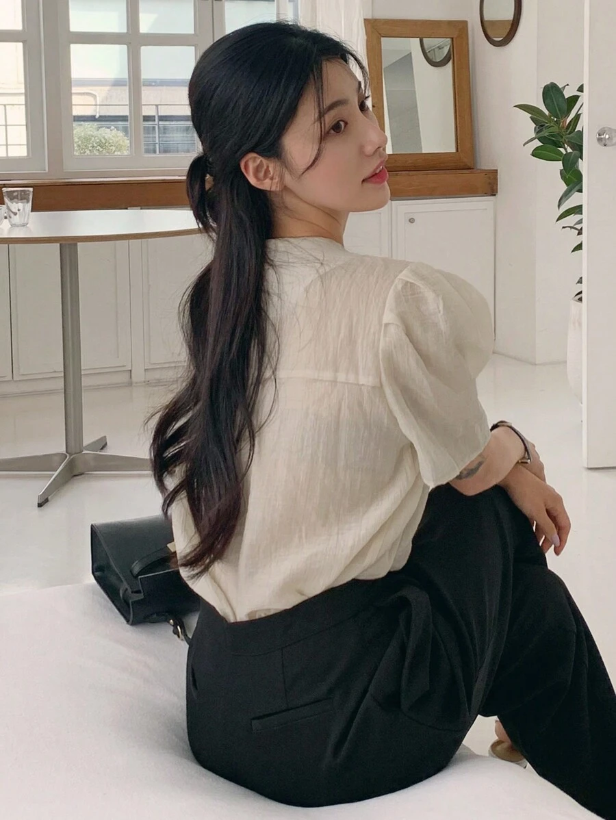 DAZY Women's Solid Color Puff Sleeve Cute Peter Pan Collar T-Shirt, Summer Sheer