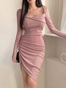 DAZY Đầm ngắn tay dài xếp ly cổ vuông màu trơn dành cho nữ, đầm thu - Hồng - Xem 1