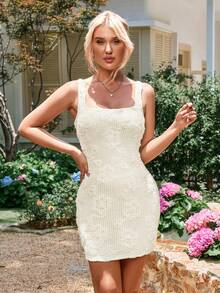 PARTHEA Square Neck Crisscross Tie Up Stereo Flower Embroidery Bodycon Dress - Apricot - View 6