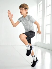 SHEIN Áo thun tập yoga, thể dục, chạy bộ thoáng khí co giãn thoải mái màu xám cho bé trai tuổi mới lớn - Xám - Xem 2