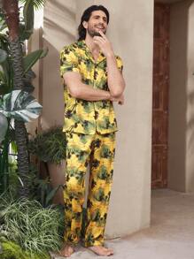Manfinity ChillVibe 男士热带植物印花衬衫和裤子休闲睡衣套装 - 黃色 - 查看 8