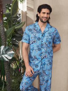 Manfinity Underwear&Sleepwear Basics Conjunto de casa con camisa de manga corta de solapa y pantalones con estampado de paisley para hombre - Azul - Ver 7