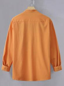 Manfinity Homme Men's Solid Color Pocket Loose Long Sleeve Shirt, Spring & Summer - Khaki - View 2