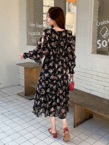 DAZY Women Floral V-Neck Ruffle Hem Long Sleeve Dress,Fall Dress - Black - View 2