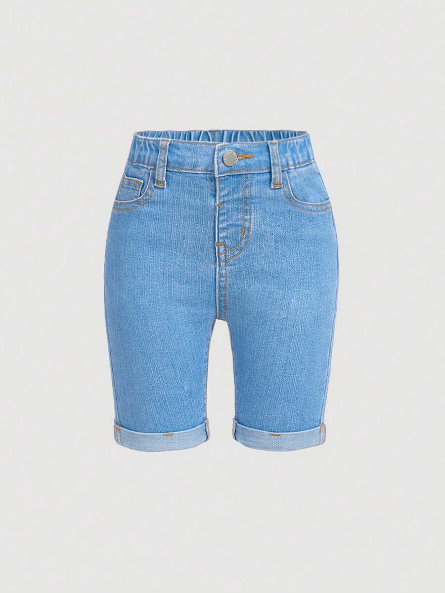 SHEIN 年轻女孩纯色简约牛仔短裤 - 淺色水洗藍 - 查看 1