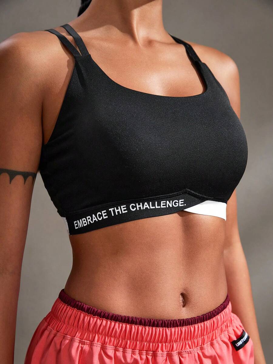 Easithlete Women's Criss-Cross Back Letter Print Colorblock Sports Bra