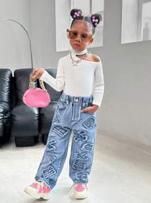 SHEIN Young Girl All-Match Casual Elegant Urban Versatile Open Shoulder Stand Collar Long Sleeve Knit Comfortable T-Shirt White Tee, Suitable For Autumn And Winter, Suitable For School, Commuting And Daily Wear - White - View 5