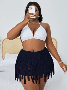 SHEIN Swim Curve 大码流苏镂空海滩罩衫夏季 - 藏蓝色 - 查看 6