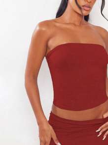 INAWLY 夏季實色肋紋管頂配修身裙 - 酒紅色 - 查看 3
