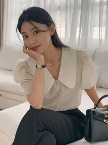 DAZY Women's Solid Color Puff Sleeve Cute Peter Pan Collar T-Shirt, Summer Sheer