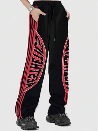 Street Life Pantalones casuales con bolsillo, estampado de letras y rayas para hombres, primavera-verano, escuela