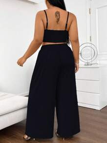 SHEIN LUNE Plus Size Solid Color Backless Camisole And Pants Summer Sexy 2pcs Set - Navy Blue - View 2