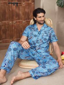 Manfinity Underwear&Sleepwear Basics Conjunto de casa con camisa de manga corta de solapa y pantalones con estampado de paisley para hombre - Azul - Ver 2