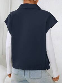 SHEIN EZwear 女士纯色前扣前拉链口袋简约夹克，秋冬日常休闲 - 藏蓝色 - 查看 2