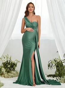 Faeriesty Dressalisa Maternity One Shoulder Split Thigh Draped Side Formal Party Dress - Green - View 6