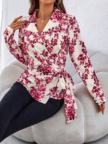 SHEIN Clasi Blusa romántica con cintura ceñida y sobreposición floral para mujeres