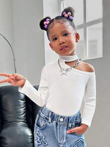 SHEIN Young Girl All-Match Casual Elegant Urban Versatile Open Shoulder Stand Collar Long Sleeve Knit Comfortable T-Shirt White Tee, Suitable For Autumn And Winter, Suitable For School, Commuting And Daily Wear - White - View 6