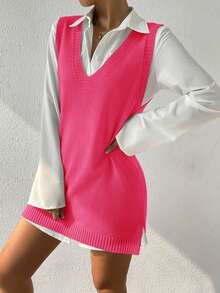 RueChic 1pc Solid V Neck Sweater Vest Dress Without Belt & Blouse - Hot Pink - View 1