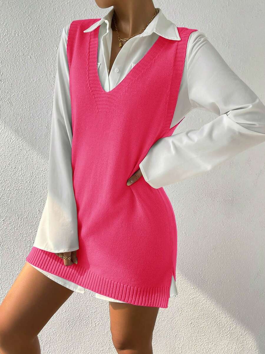 RueChic 1pc Solid V Neck Sweater Vest Dress Without Belt & Blouse - Hot Pink - View 1