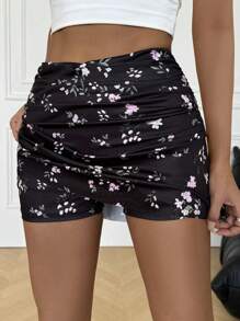 SHEIN EZwear 女士碎花褶皱半身裙 - 黑色 - 查看 6