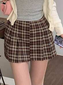 DAZY 女士格子A字迷你裙秋季半身裙 - 咖啡棕 - 查看 8