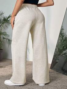 SHEIN LUNE 大码纯色 V 腰口袋宽松休闲运动裤，适合秋冬季，带口袋 - 杏色 - 查看 2