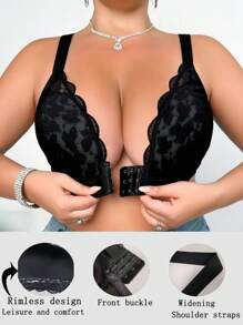 大碼前扣蕾絲文胸 - 黑色 - 查看 1