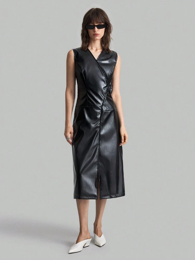 Black PU Long Wrap Dress