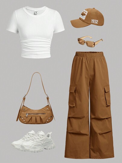 SHEIN Girlism 2 piezas Conjunto de camiseta acanalada fruncida y pantalones con bolsillos acordeón para niñas adolescentes, atuendos casuales